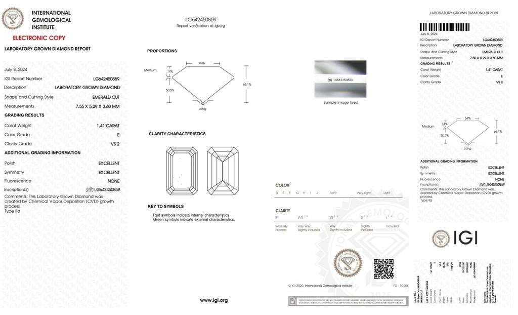IGI Certified Lab-Grown Emerald Cut Diamond - 1.41 Carats, E Color, VS2 Clarity