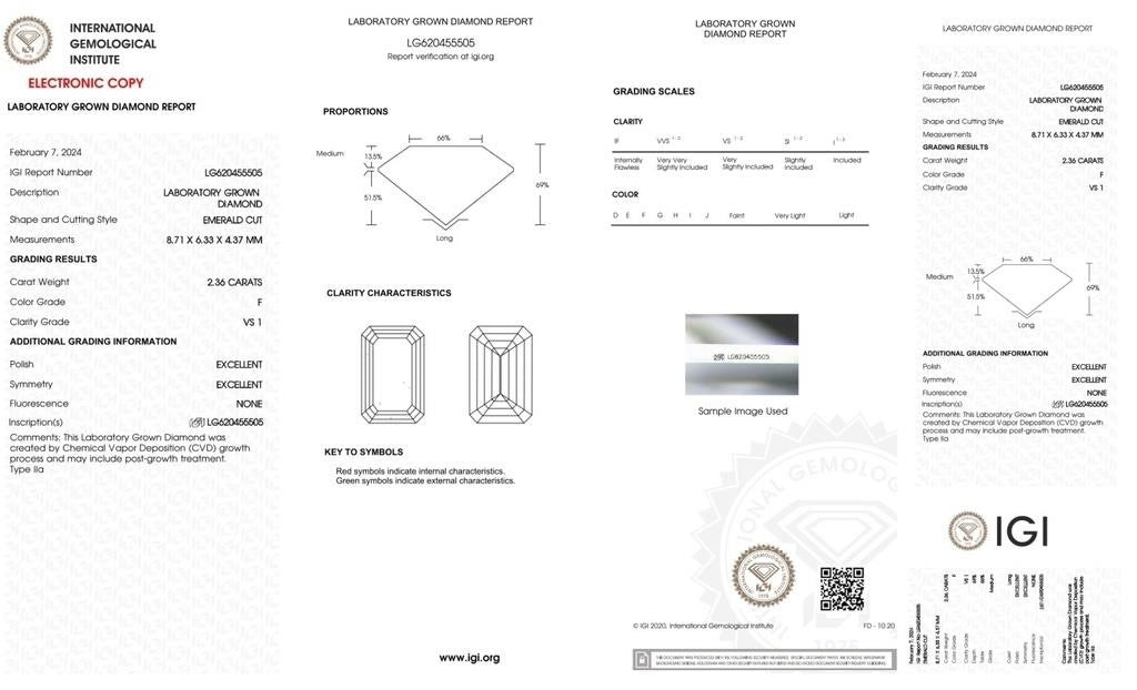 IGI Certified 2.36 Carat Lab-Grown Emerald Cut Diamond - F Color, VS1 Clarity