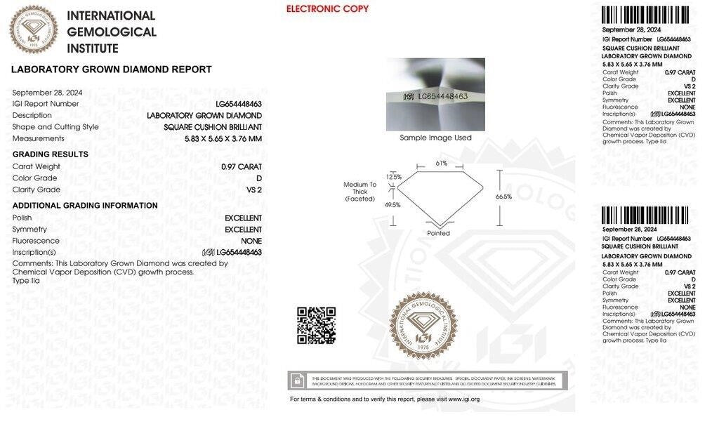 IGI-Certified 0.97 Carat Lab-Grown Cushion Cut Diamond - D Color, VS2 Clarity