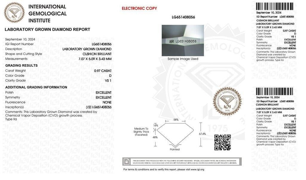 IGI Certified Lab-Grown Elongated Cushion Cut Diamond - 0.97 Carats, D Color, VS1 Clarity