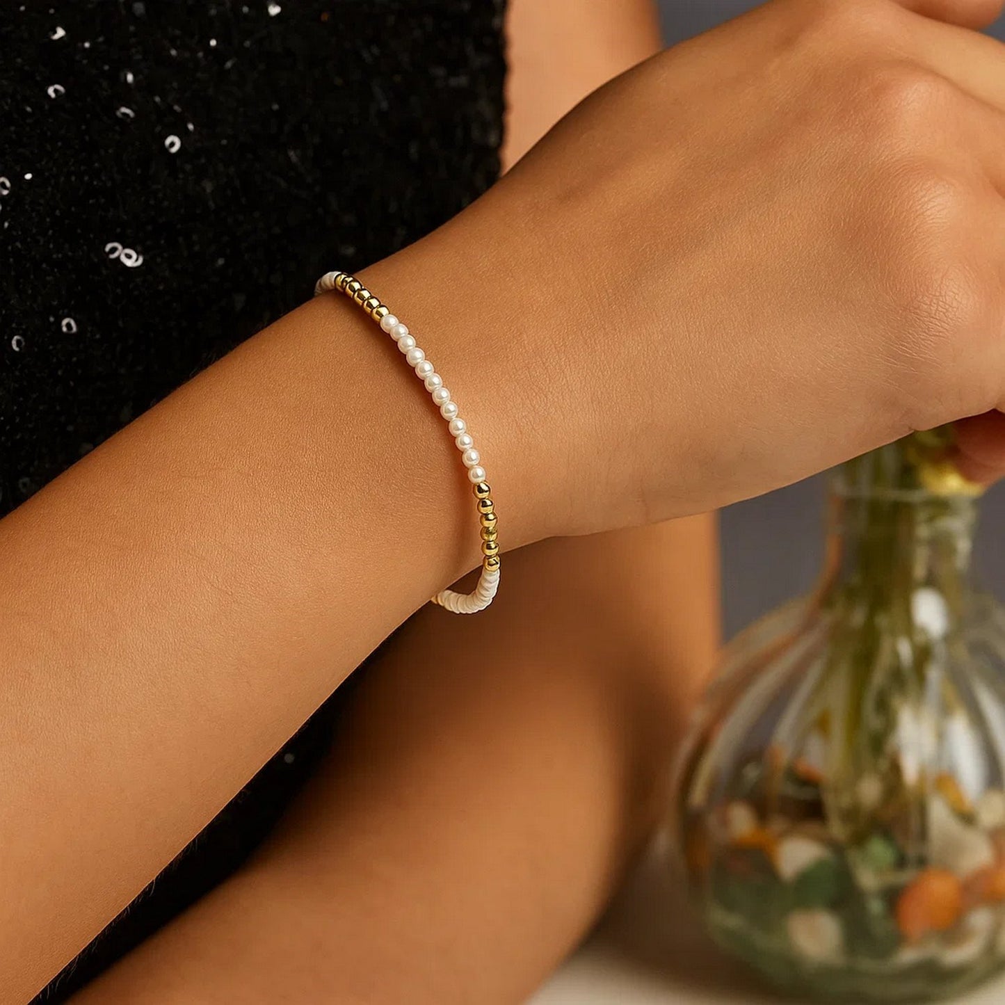 14k Yellow Gold High Polish Freshwater Pearl Pallina Bead Bracelet (2.00 mm)