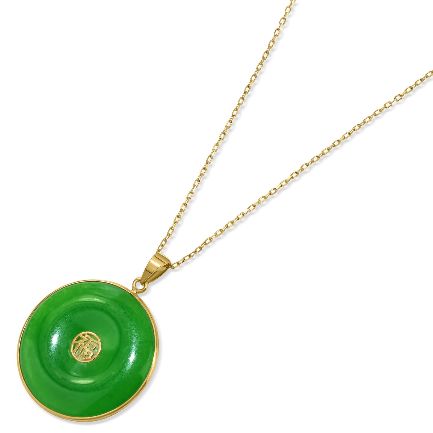 14k Good Luck Jade Round Pendant Necklace 17"