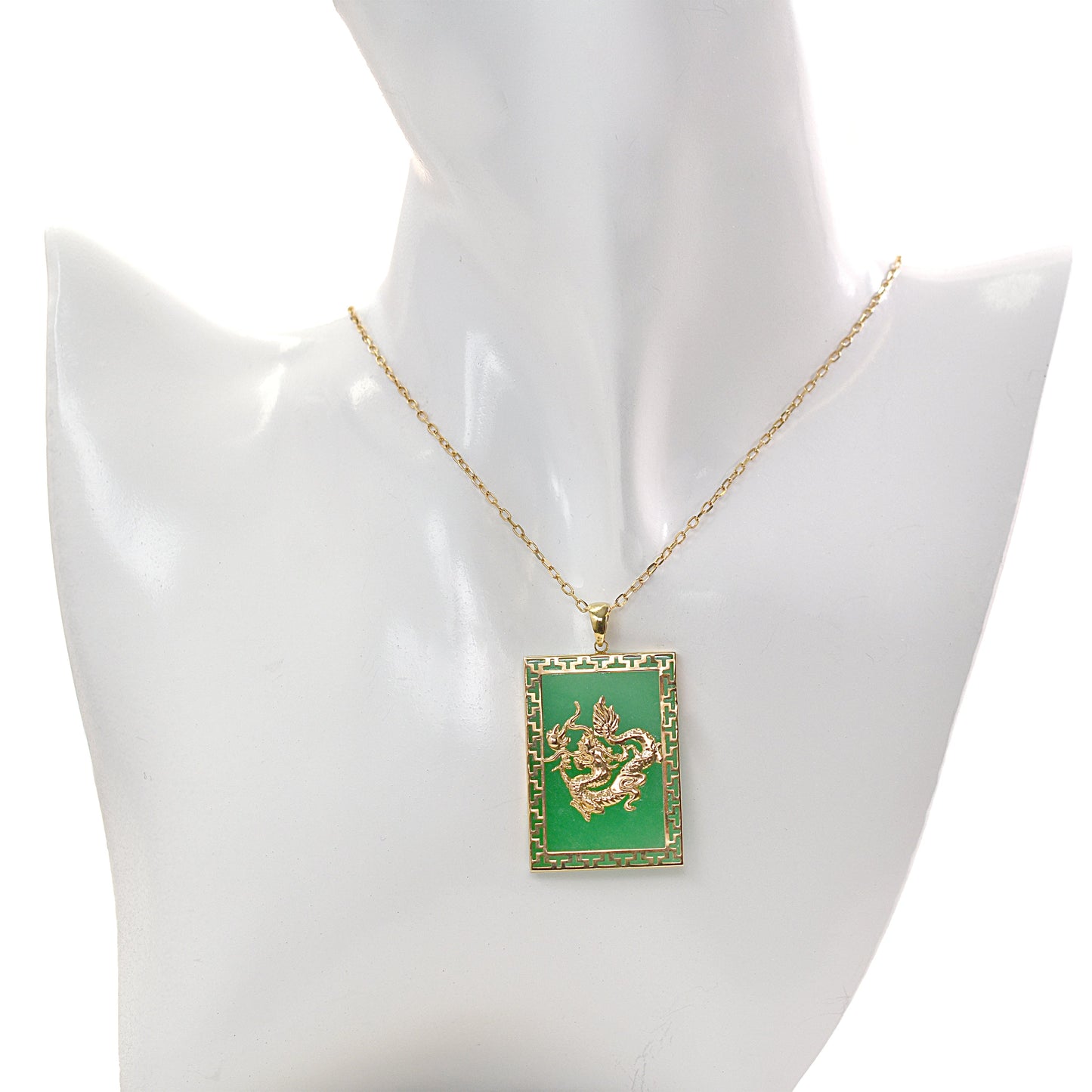 14k Dyed Green Jade Gold Dragon Rectangle Pendant Necklace 18"