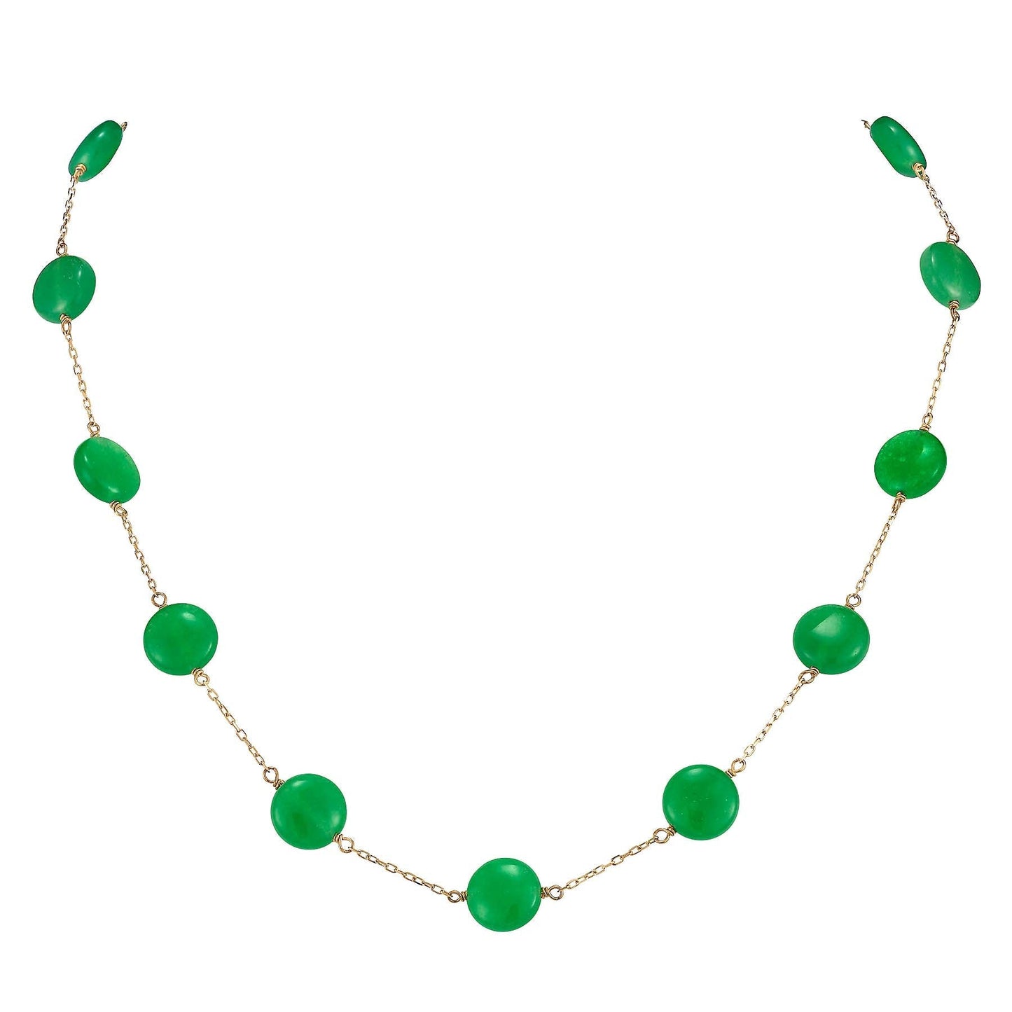 14K Green Jade Coin 11 Station Necklace 17"