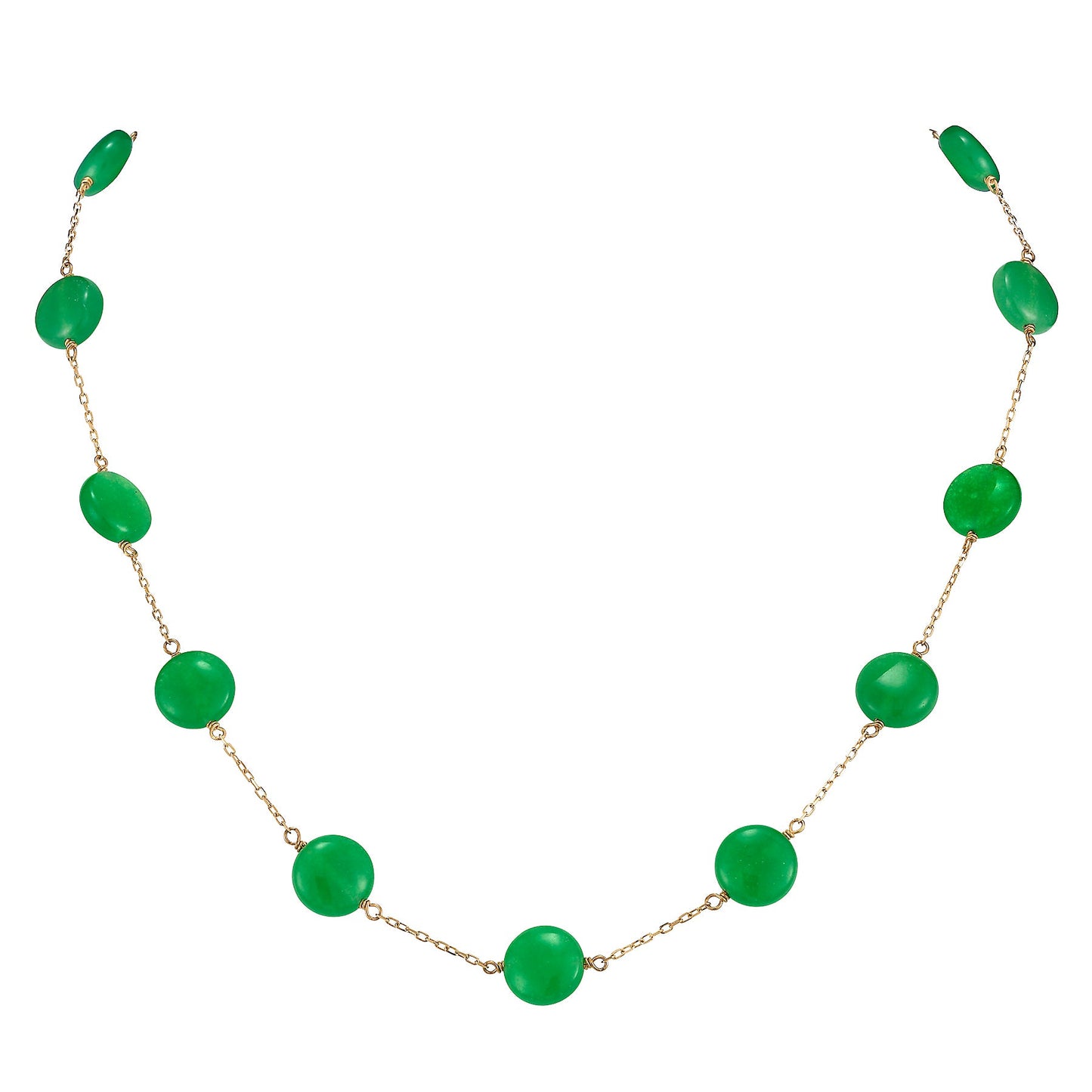 14k Green Jade Coin 11 Station Necklace 17"