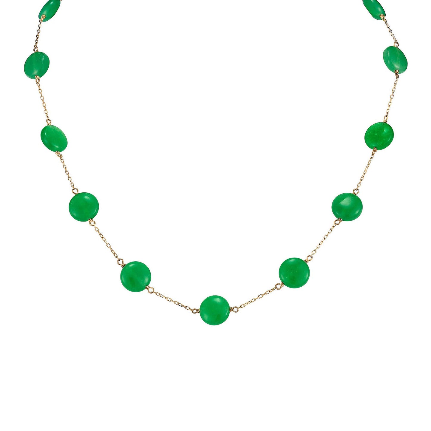 14k Green Jade Coin 11 Station Necklace 17"