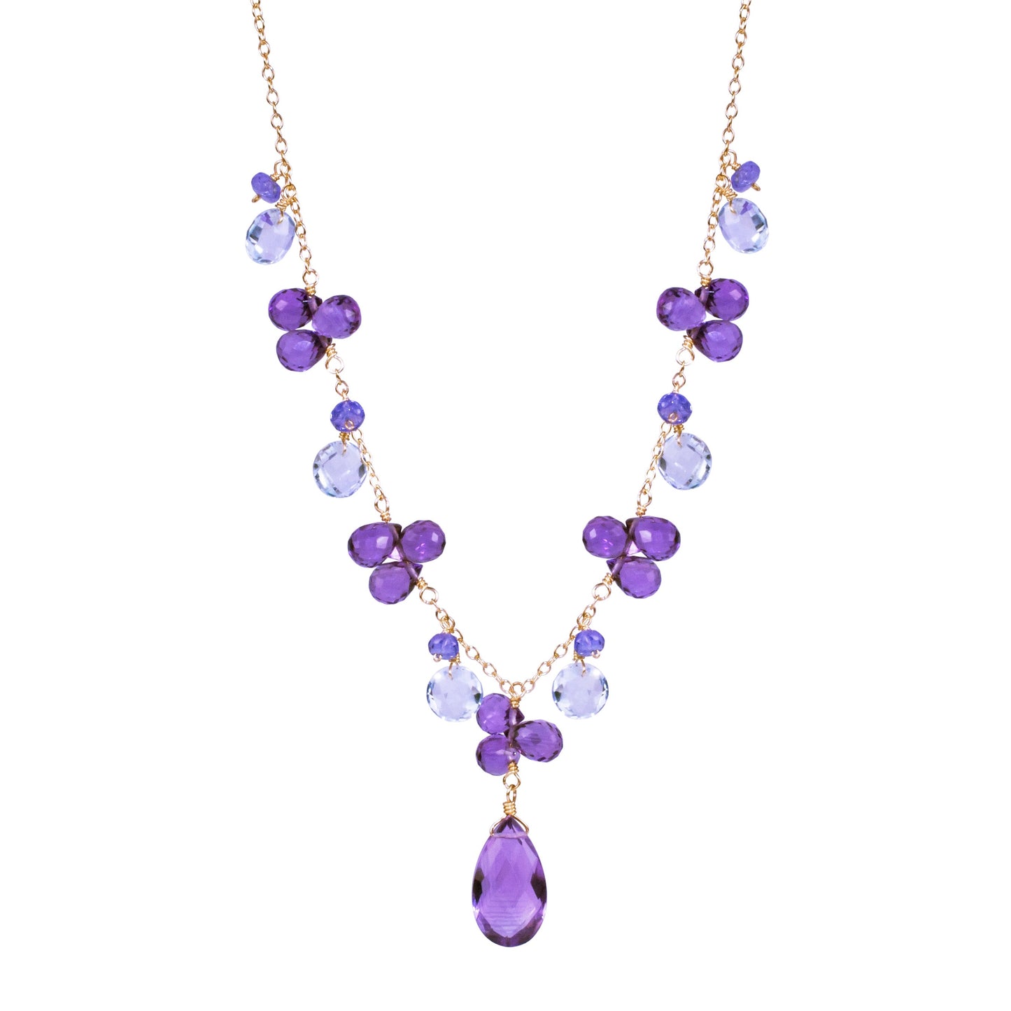 14k Blue Topaz Amethyst Tanzanite Necklace 17"