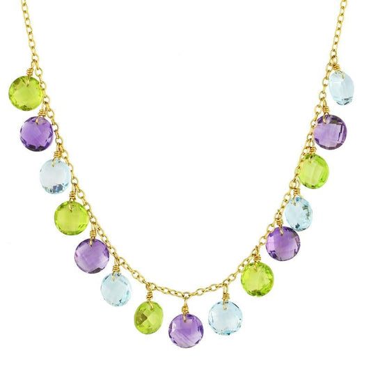 14k Peridot, Amethyst, and Sky Blue Topaz Coin Drop Necklace 17"