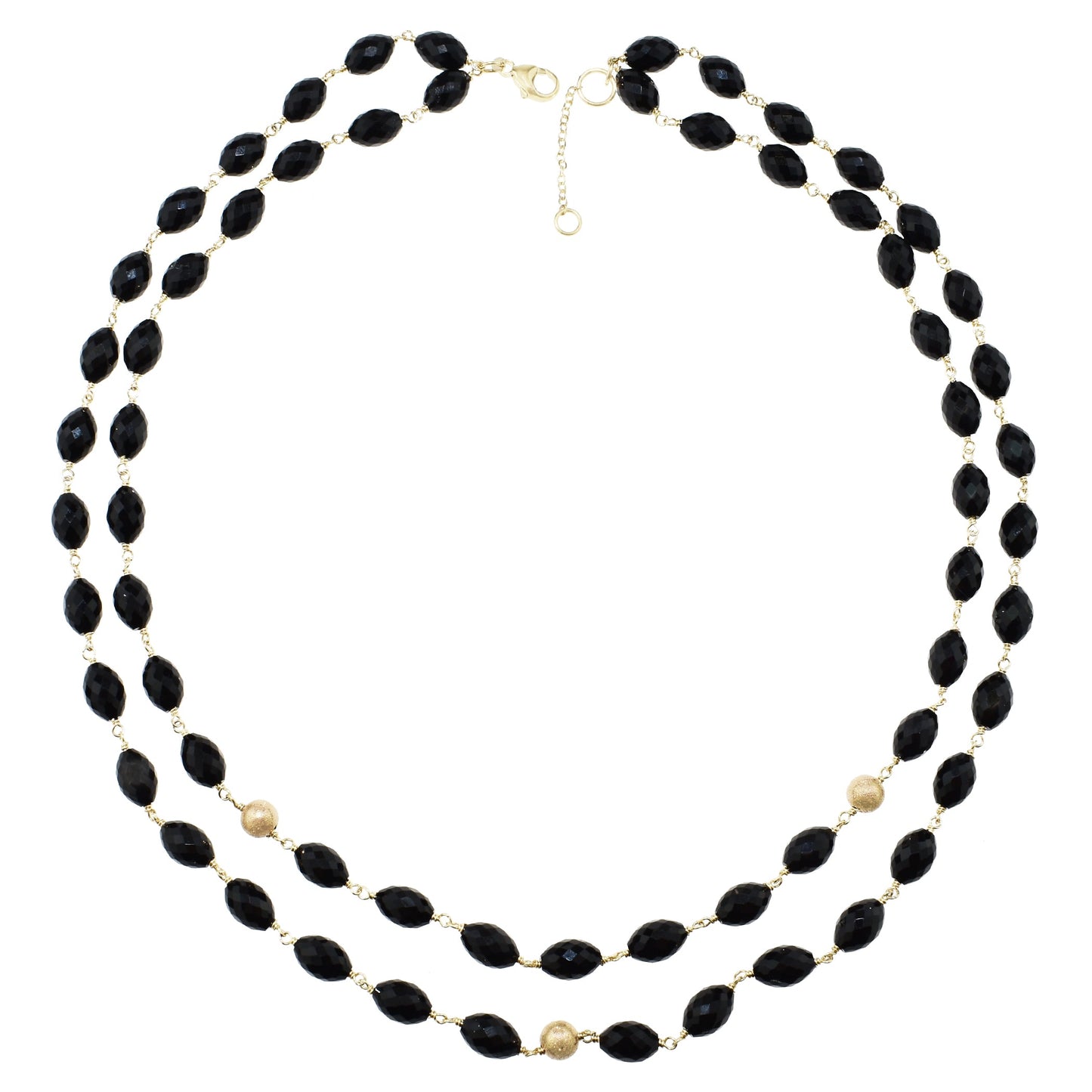 14k Faceted/Oval Black Onyx Layered 2 Row Necklace 18 to 20"