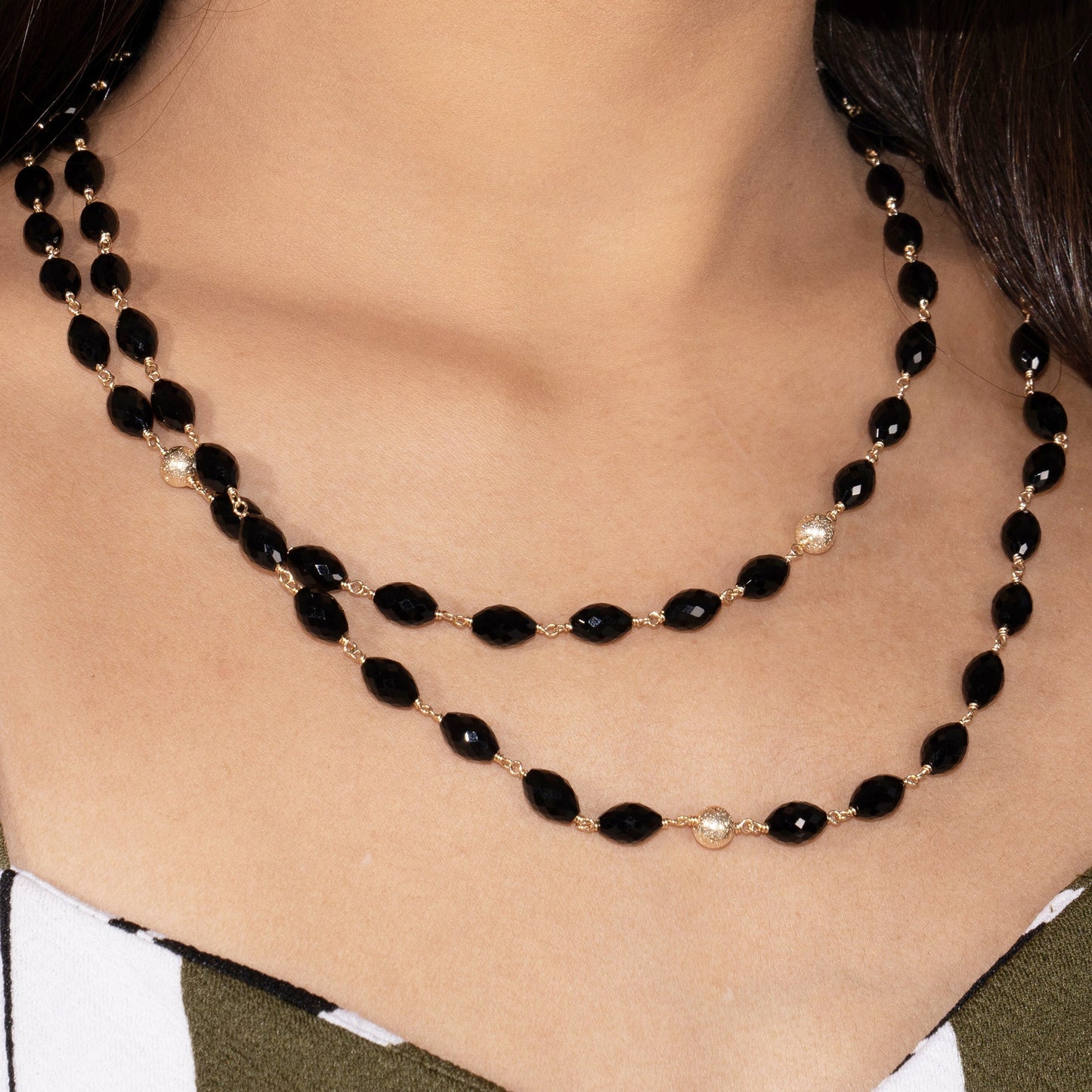 14k Faceted/Oval Black Onyx Layered 2 Row Necklace 18 to 20"