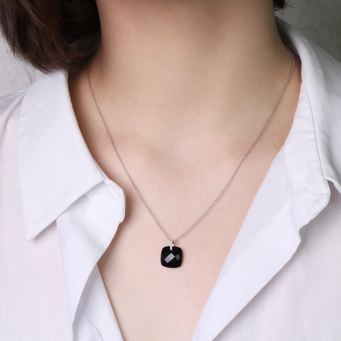 14k White Gold Black Onyx Faceted Cushion VS Diamond Pendant Necklace 18"