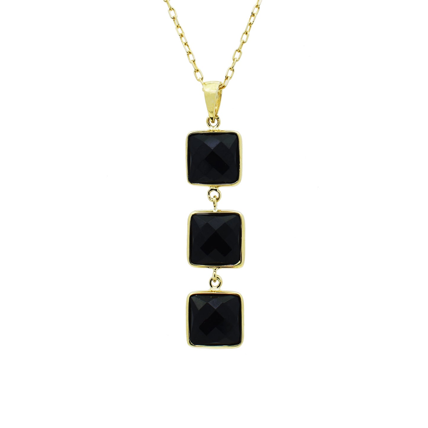 14k Black Onyx Triple Square Link Pendant Necklace 17"