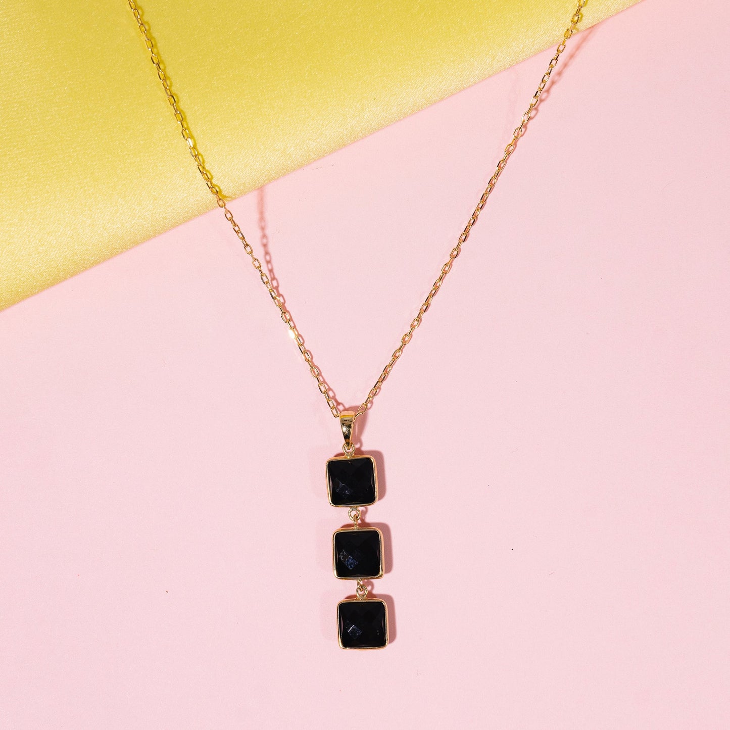 14k Black Onyx Triple Square Link Pendant Necklace 17"