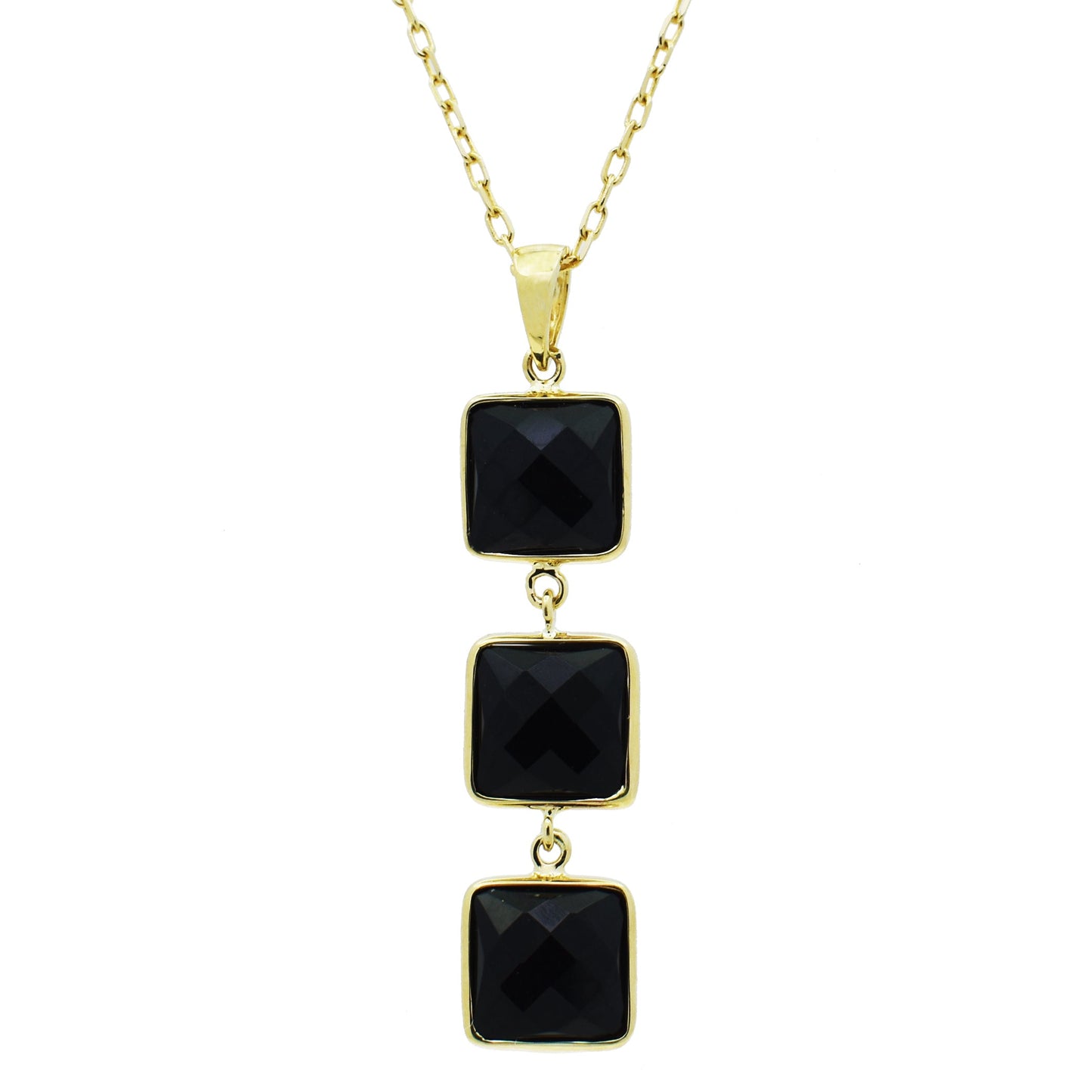 14k Black Onyx Triple Square Link Pendant Necklace 17"