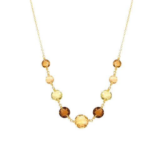 14k Citrine, Whiskey, Lemon and Smoky Quartz Graduated Coin Station Necklace 18"