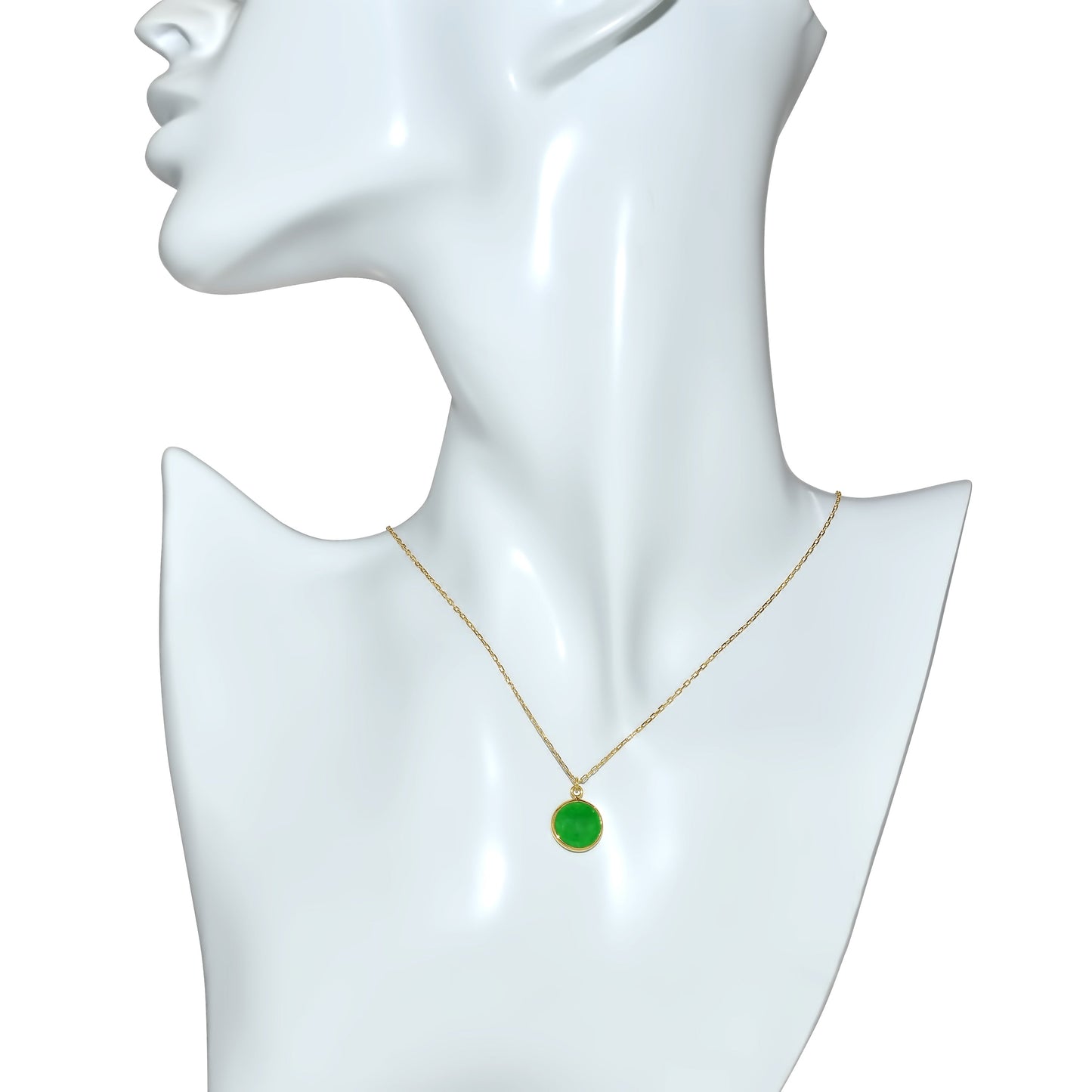 14k Green Jade 10mm Round Bezel Pendant Necklace 17"