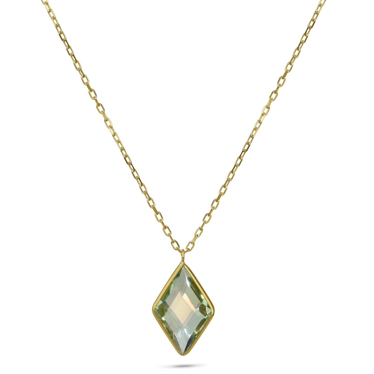 14k Green Amethyst Rhombus Bezel Pendant Necklace 17"