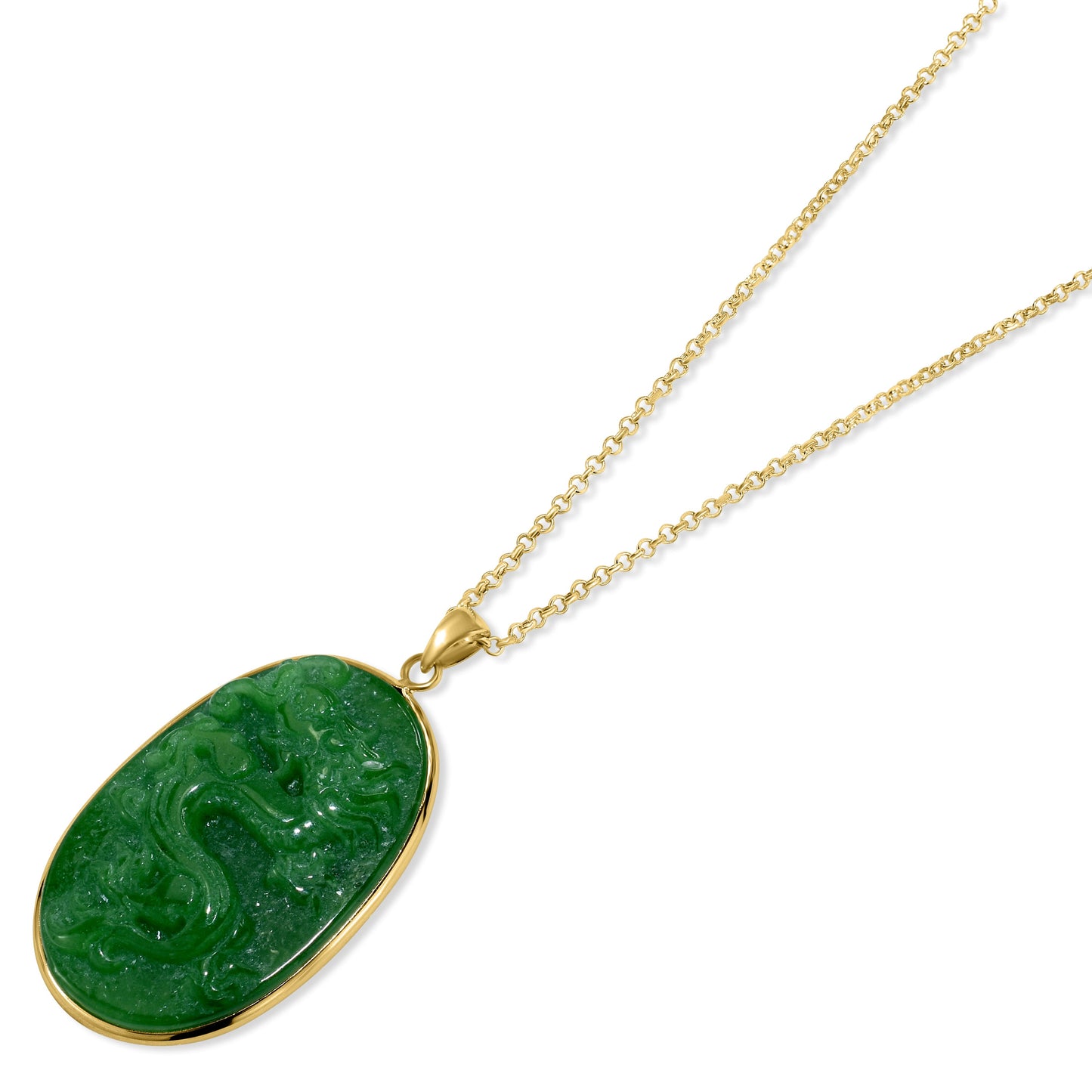 14k Green Jade Carved Dragon Oval Pendant Necklace 17"