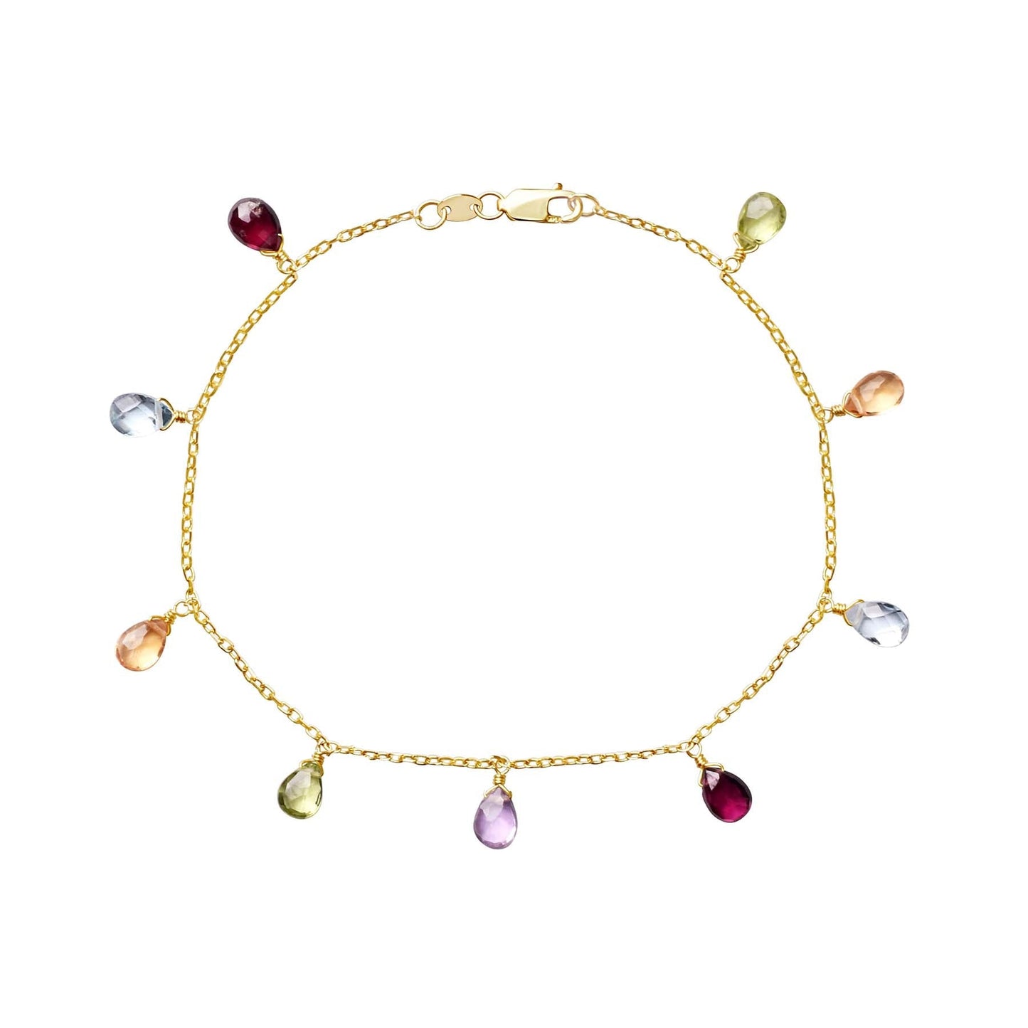 14k Garnet, Blue Topaz, Citrine, Peridot, and Amethyst Bracelet 7.5"