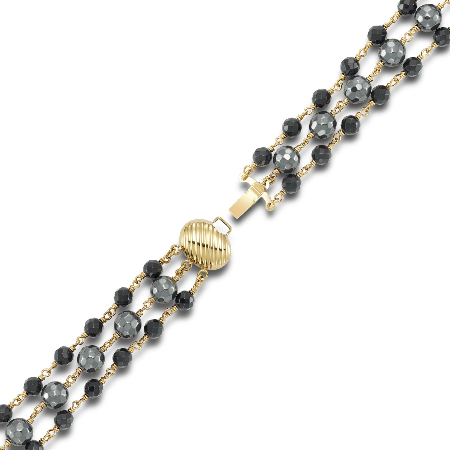 14k Black Onyx Hematite 3 Row Link Bracelet 8"