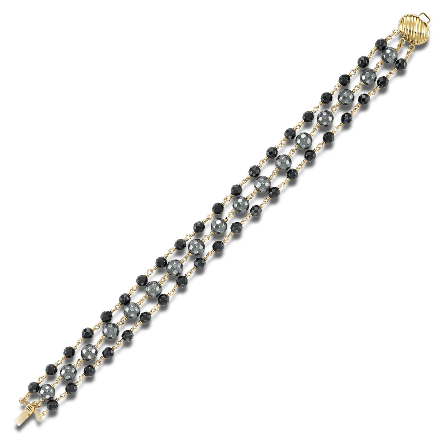 14k Black Onyx Hematite 3 Row Link Bracelet 8"