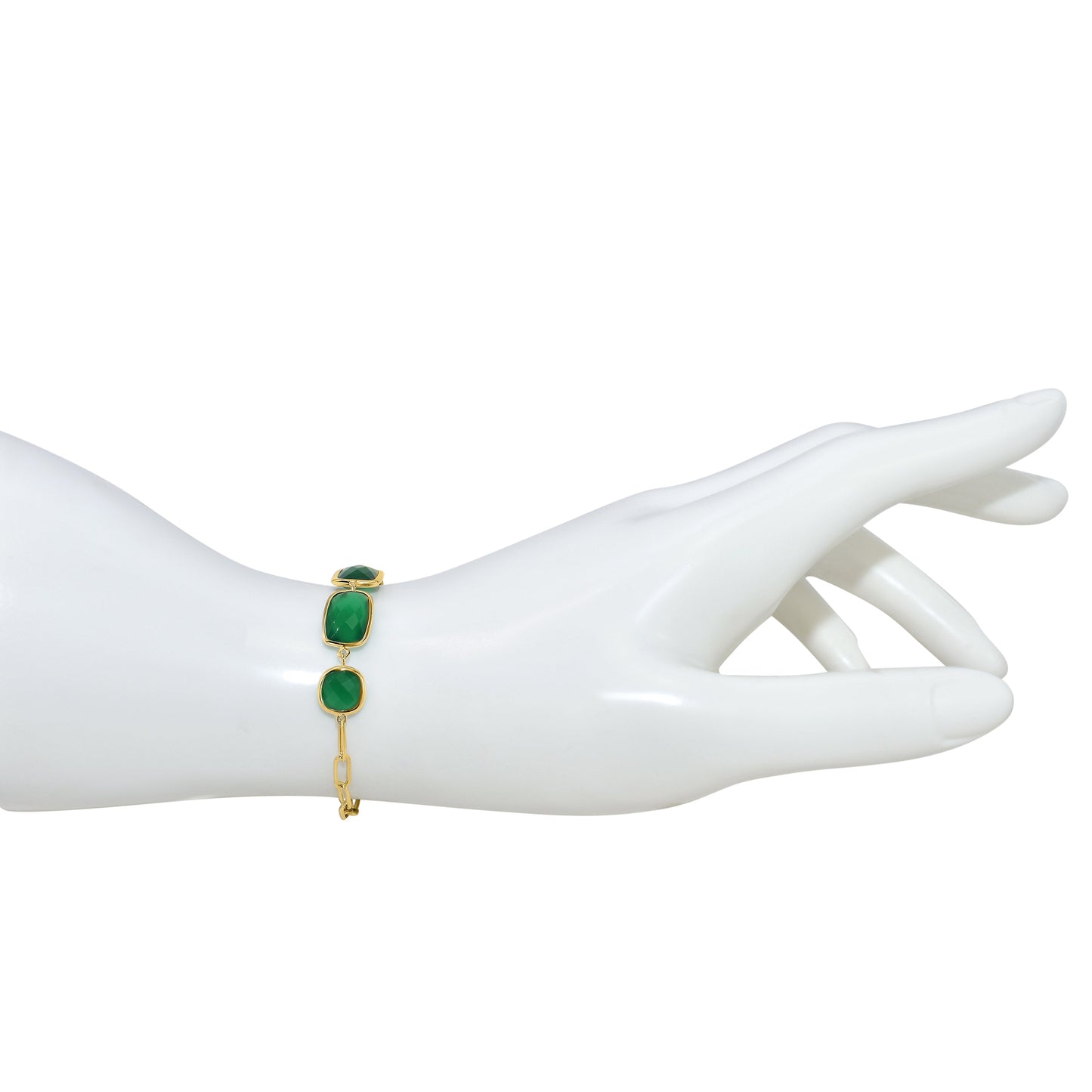 14K Green Onyx 3 Bezel Paperclip Bracelet