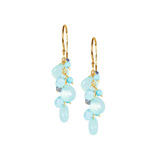 14k Blue Chalcedony, Blue Topaz, Turquoise, and Iolite Hook Earrings