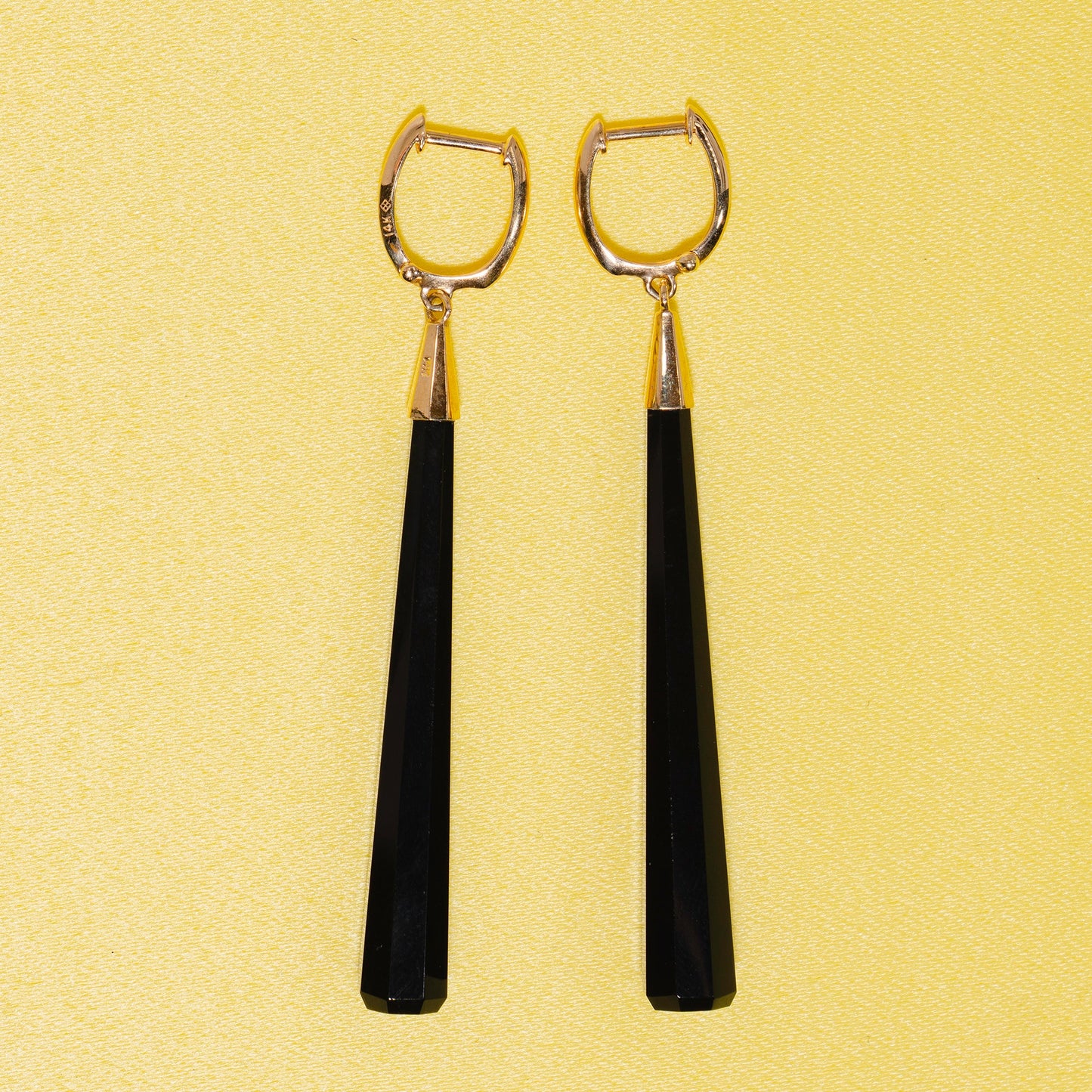 14k Black Onyx Long Huggie Hoop Drop Earrings