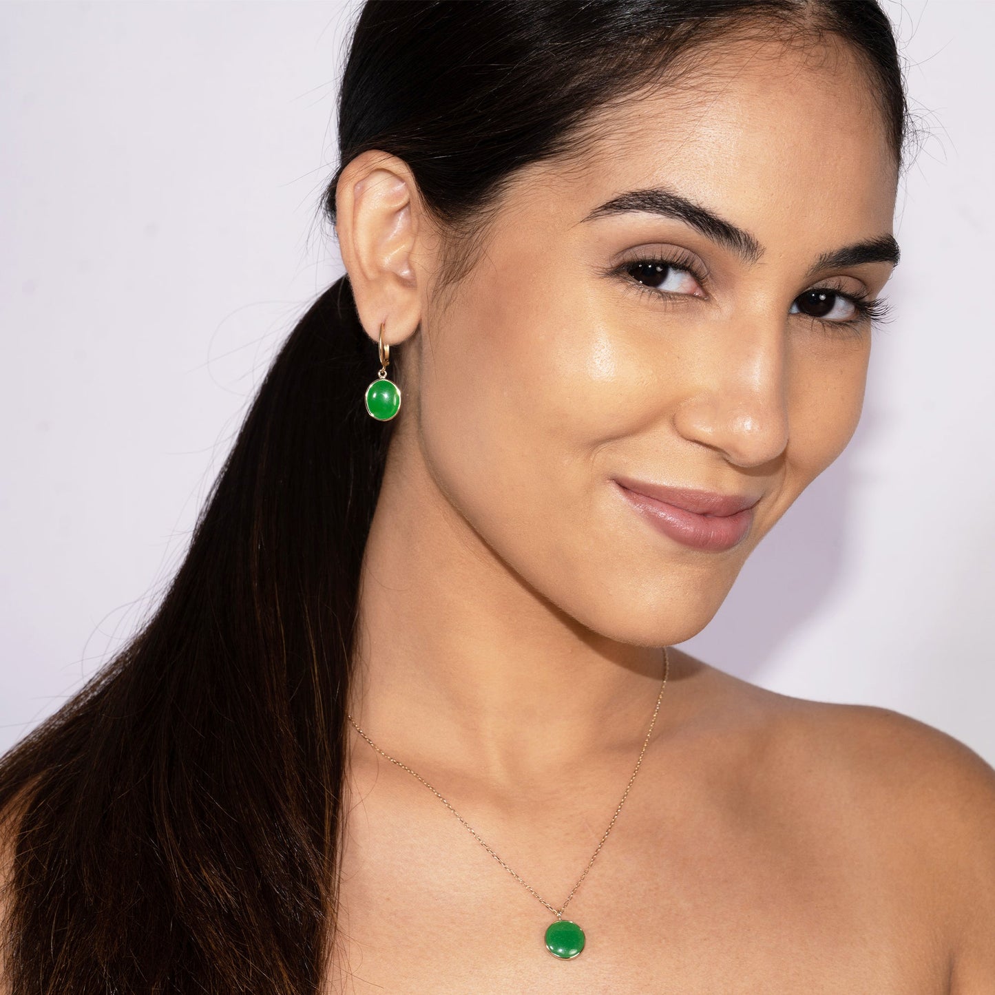 14k Green Jade Bezel Huggie Hoop Drop Earrings