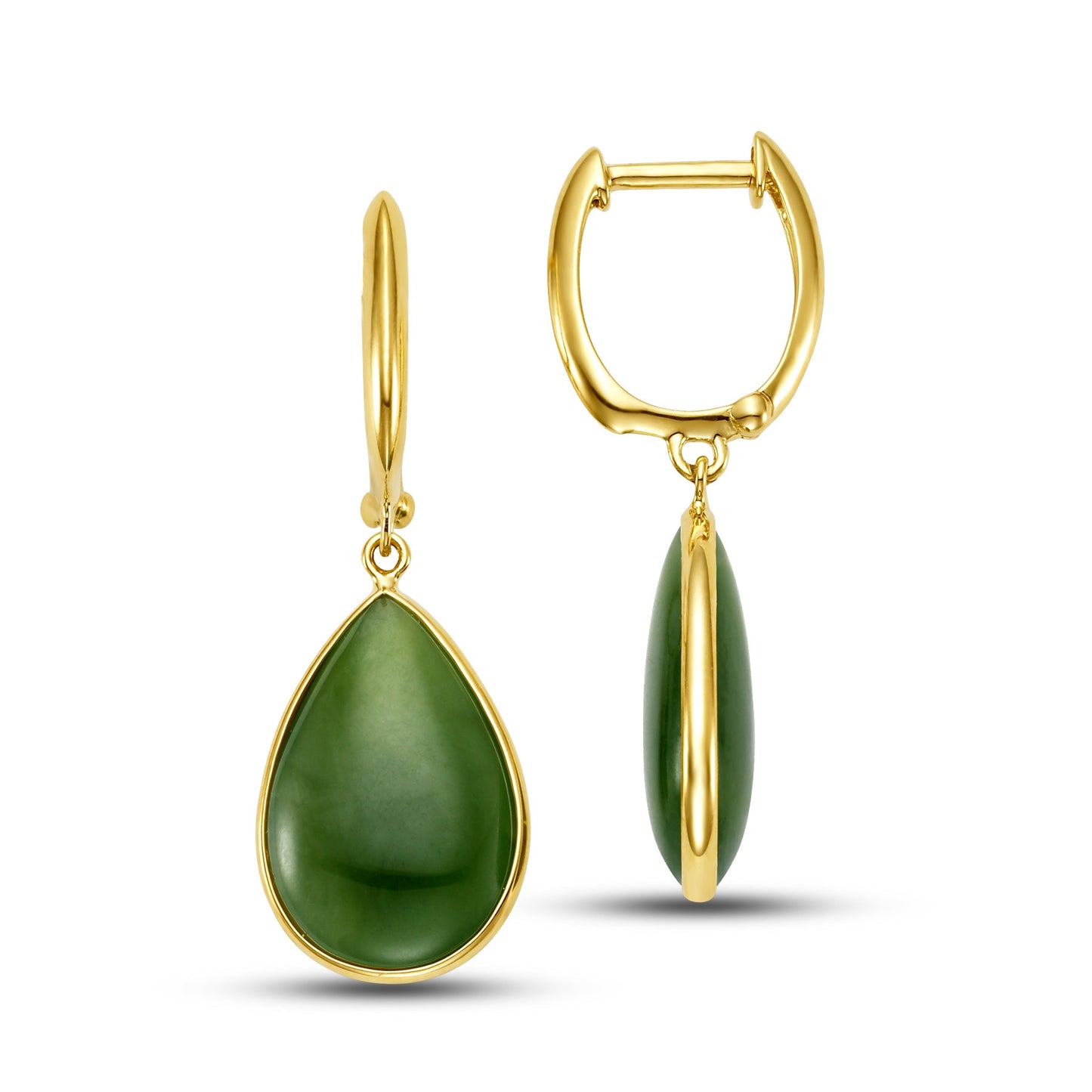 14k Natural Nephrite Jade Pear Shape Huggie Hoop Drop Earrings