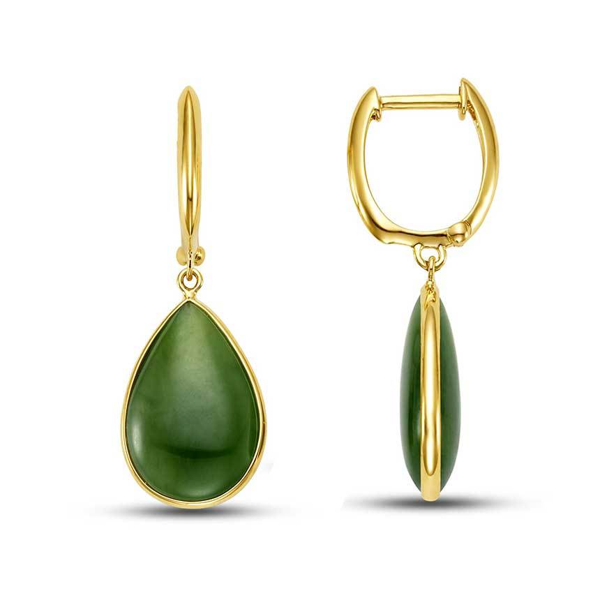 14k Natural Nephrite Jade Pear Shape Huggie Hoop Drop Earrings