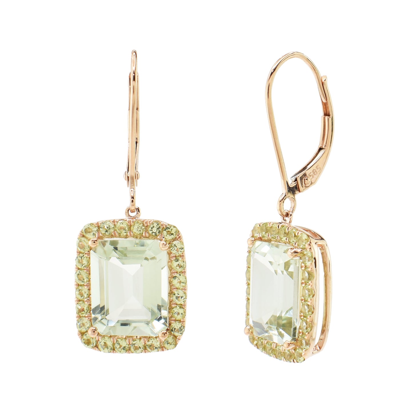 14k Green Amethyst Peridot Rectangle Bezel Leverback Dangle Earring