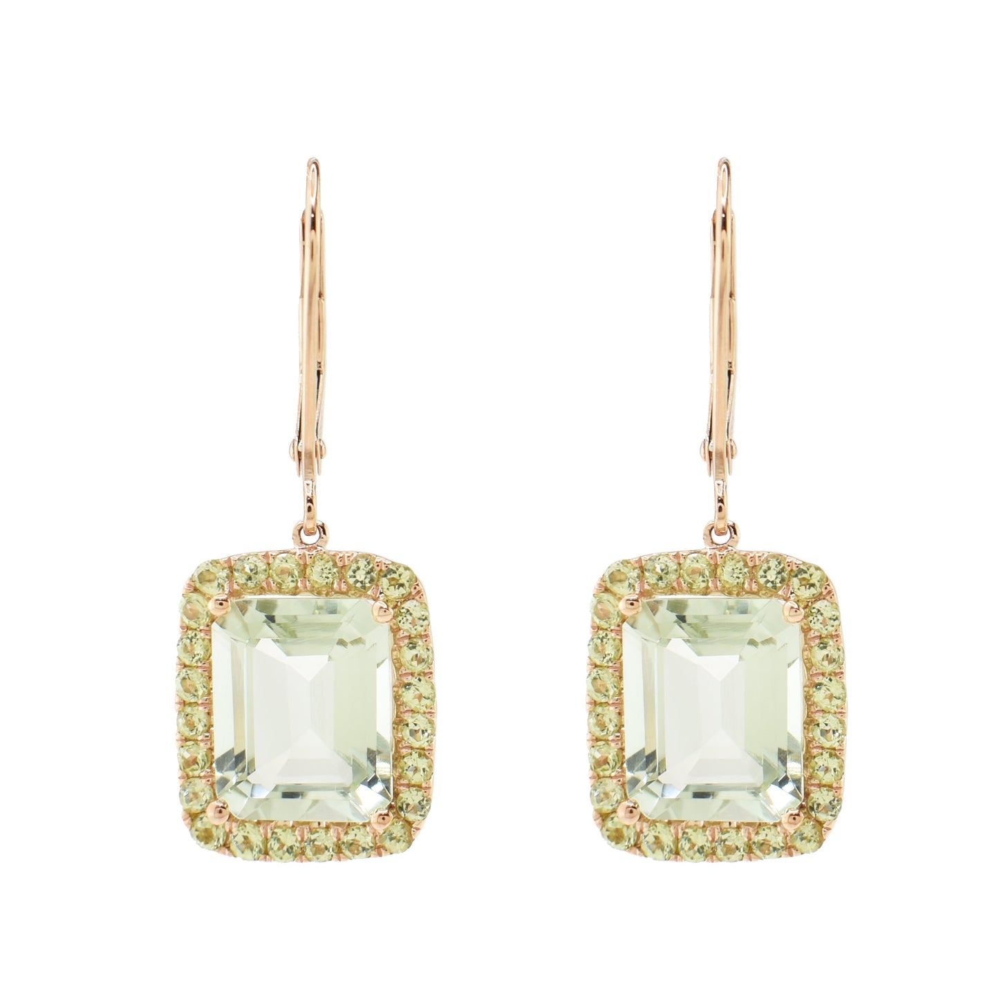 14k Green Amethyst Peridot Rectangle Bezel Leverback Dangle Earring