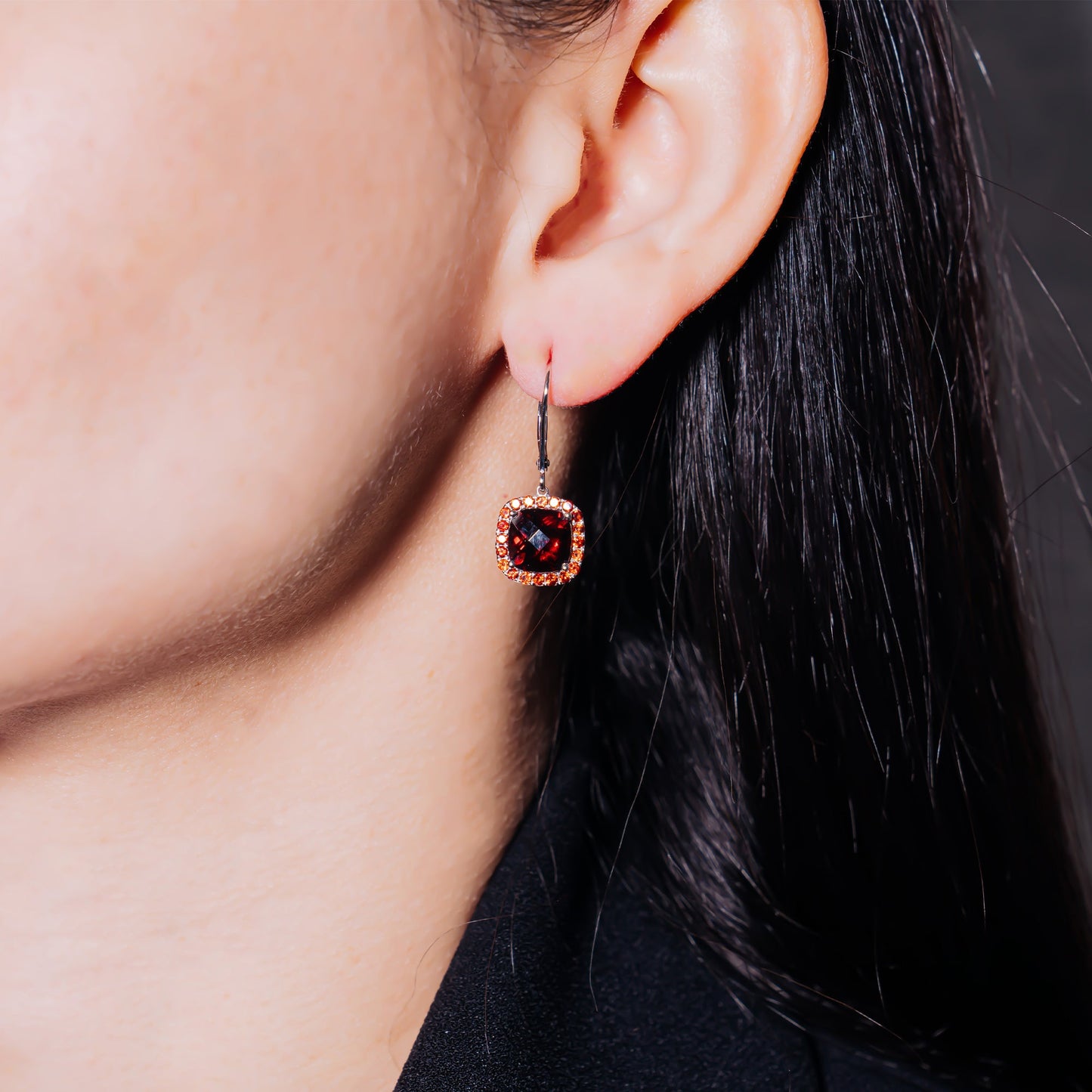 14k White Gold Garnet Cushion Leverback Drop Earring