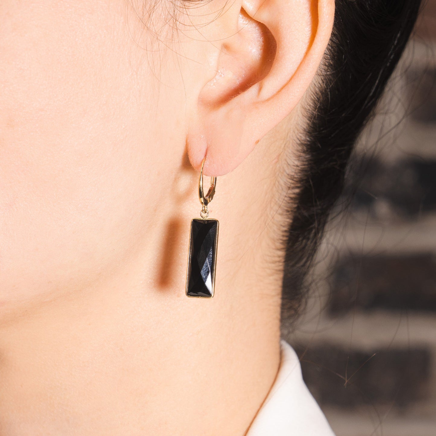 14k Black Onyx Rectangle Bezel Leverback Earring