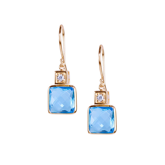 14k Swiss Blue Topaz Square Bezel Diamond Leverback Earring