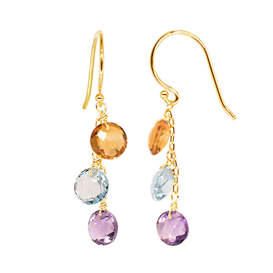 14k Citrine, Blue Topaz, and Amethyst Triple Coin Hook Earring