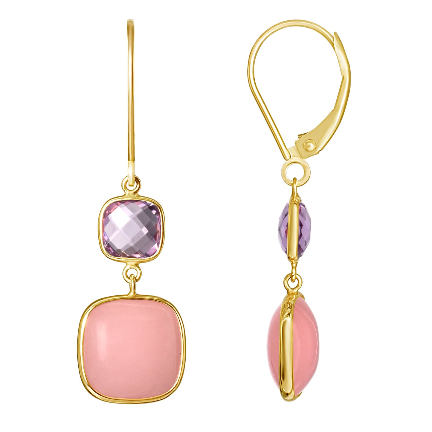 14k Amethyst & Guava Quartz Bezel Dangle Earrings