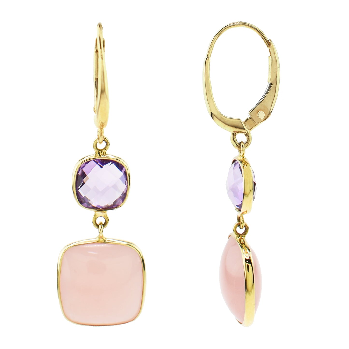 14k Amethyst & Guava Quartz Bezel Dangle Earrings