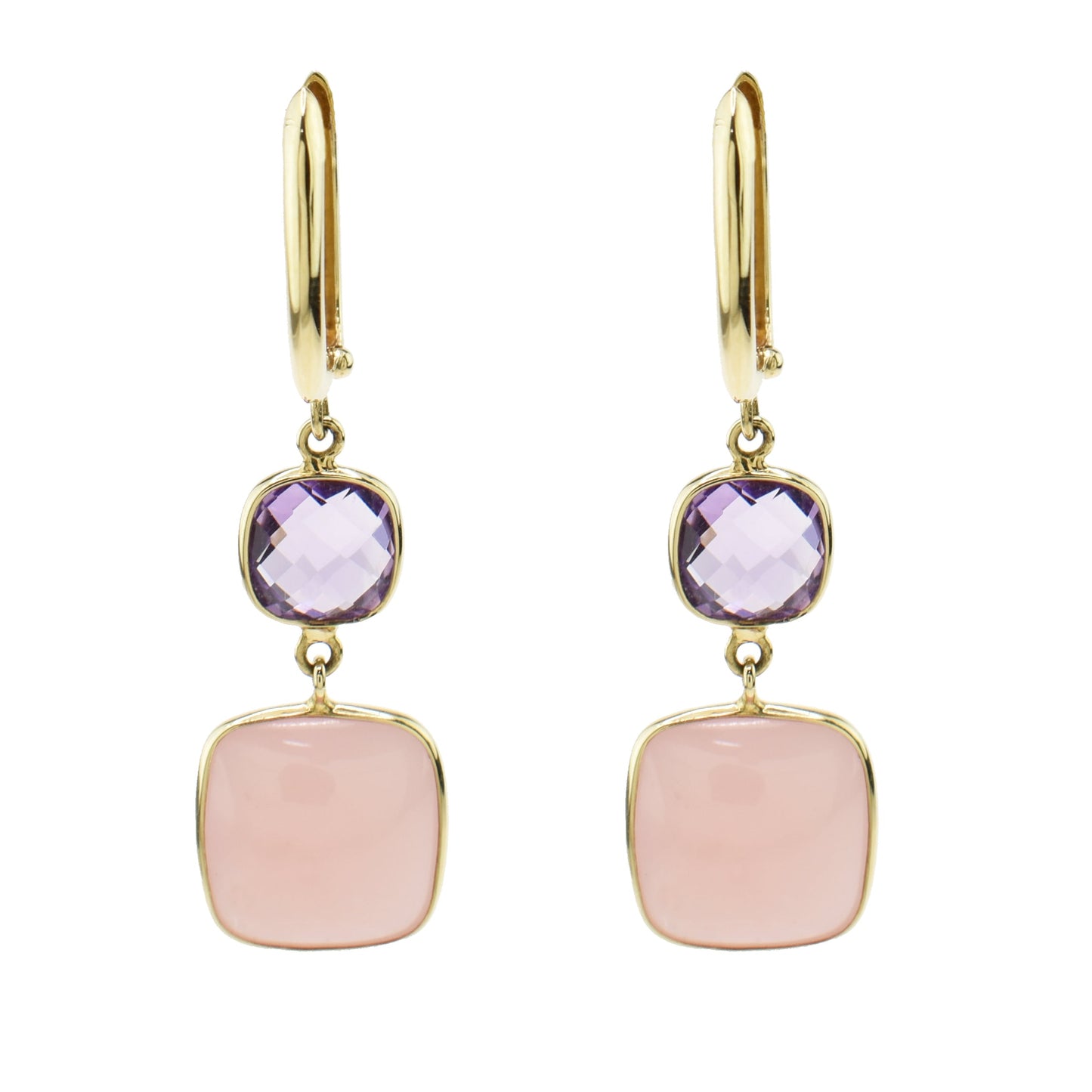 14k Amethyst & Guava Quartz Bezel Dangle Earrings