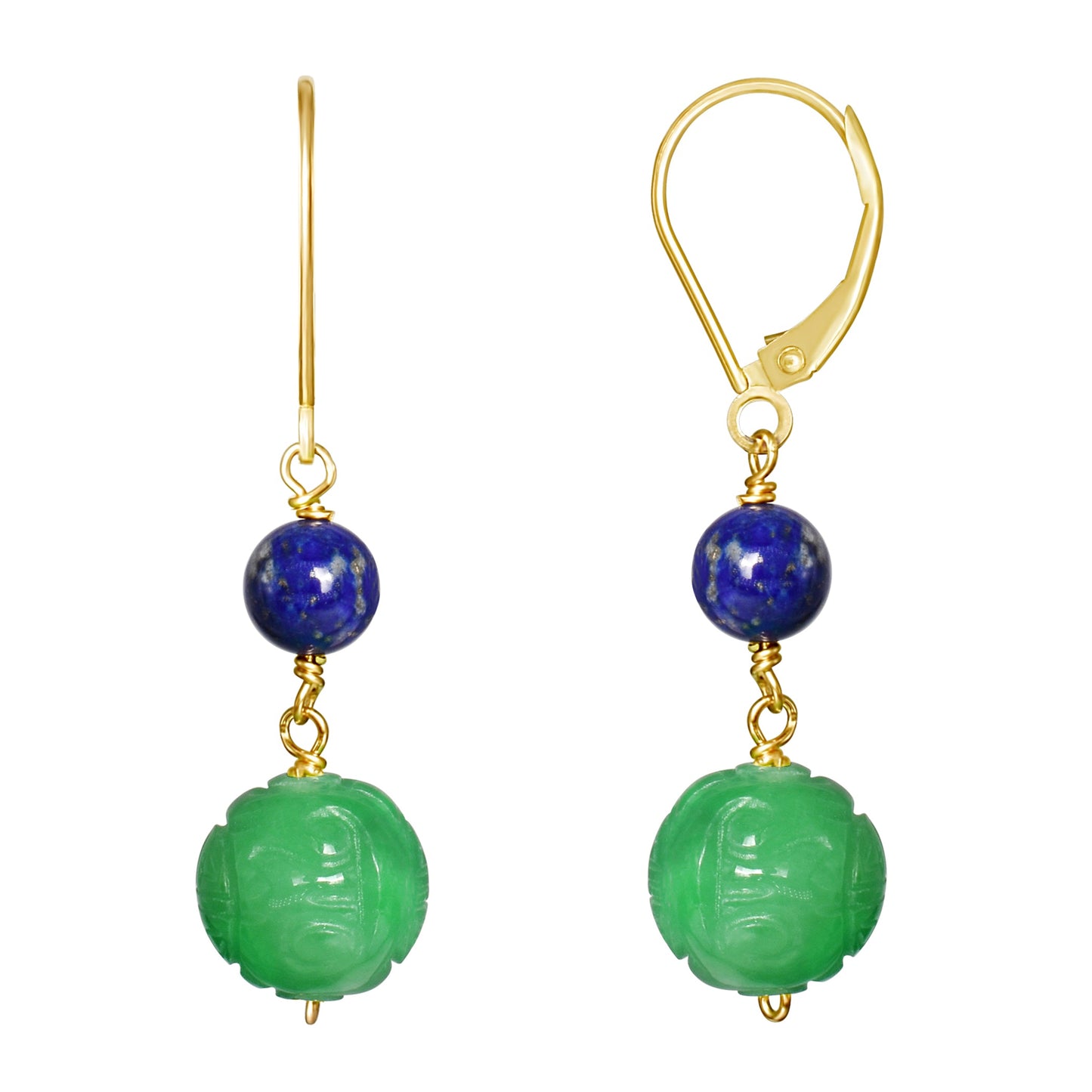 14k Lapis Carved Green Jade Leverback Earring