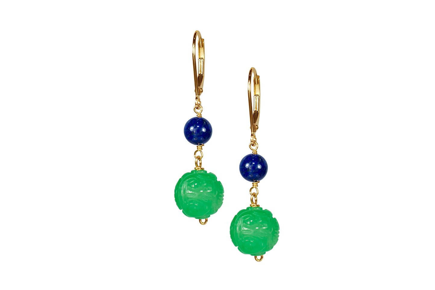 14k Lapis Carved Green Jade Leverback Earring