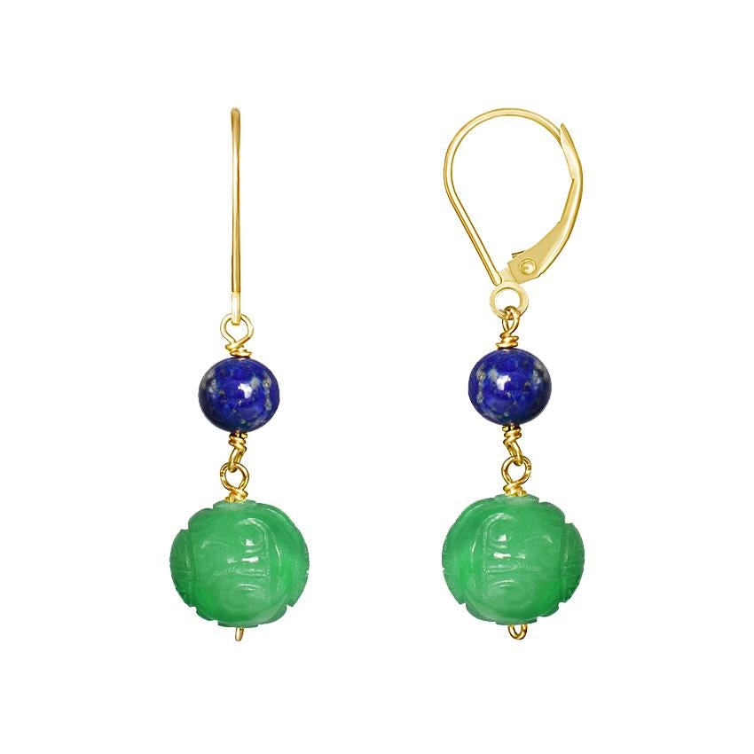 14k Lapis Carved Green Jade Leverback Earring