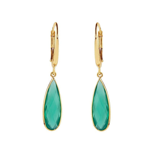 14k Green Agate Pear Bezel Round Leverback Earring