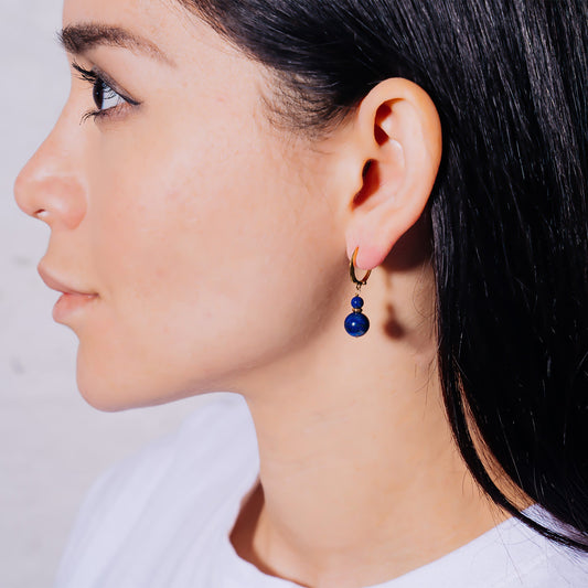 14k Lapis Dual Ball Huggie Hoop Drop Earrings