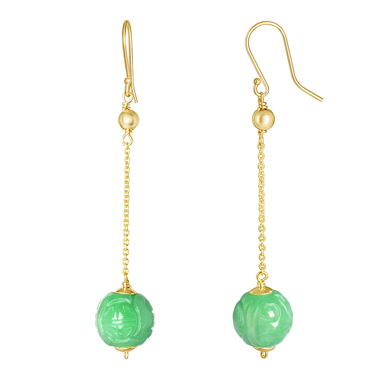 14k Carved Jade Bead French Hook Dangling Earring