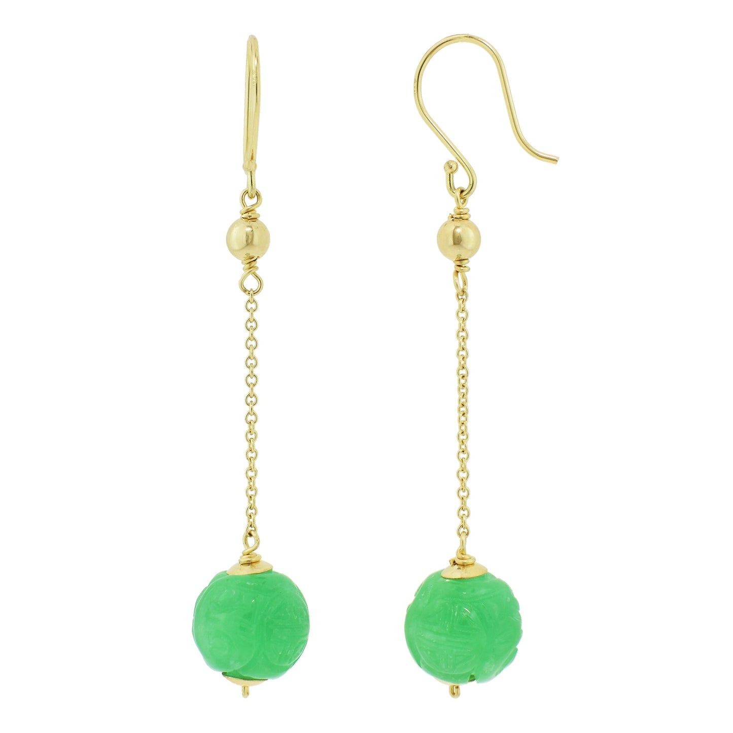 14k Carved Jade Bead French Hook Dangling Earring