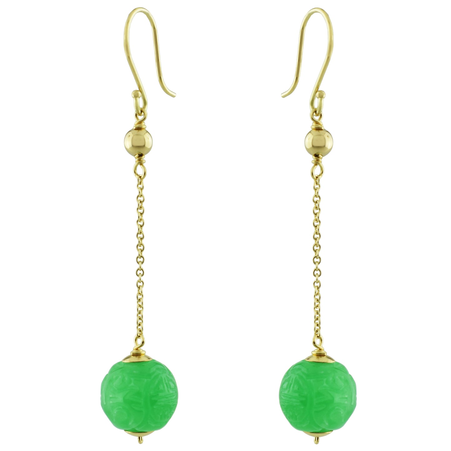 14k Carved Jade Bead French Hook Dangling Earring