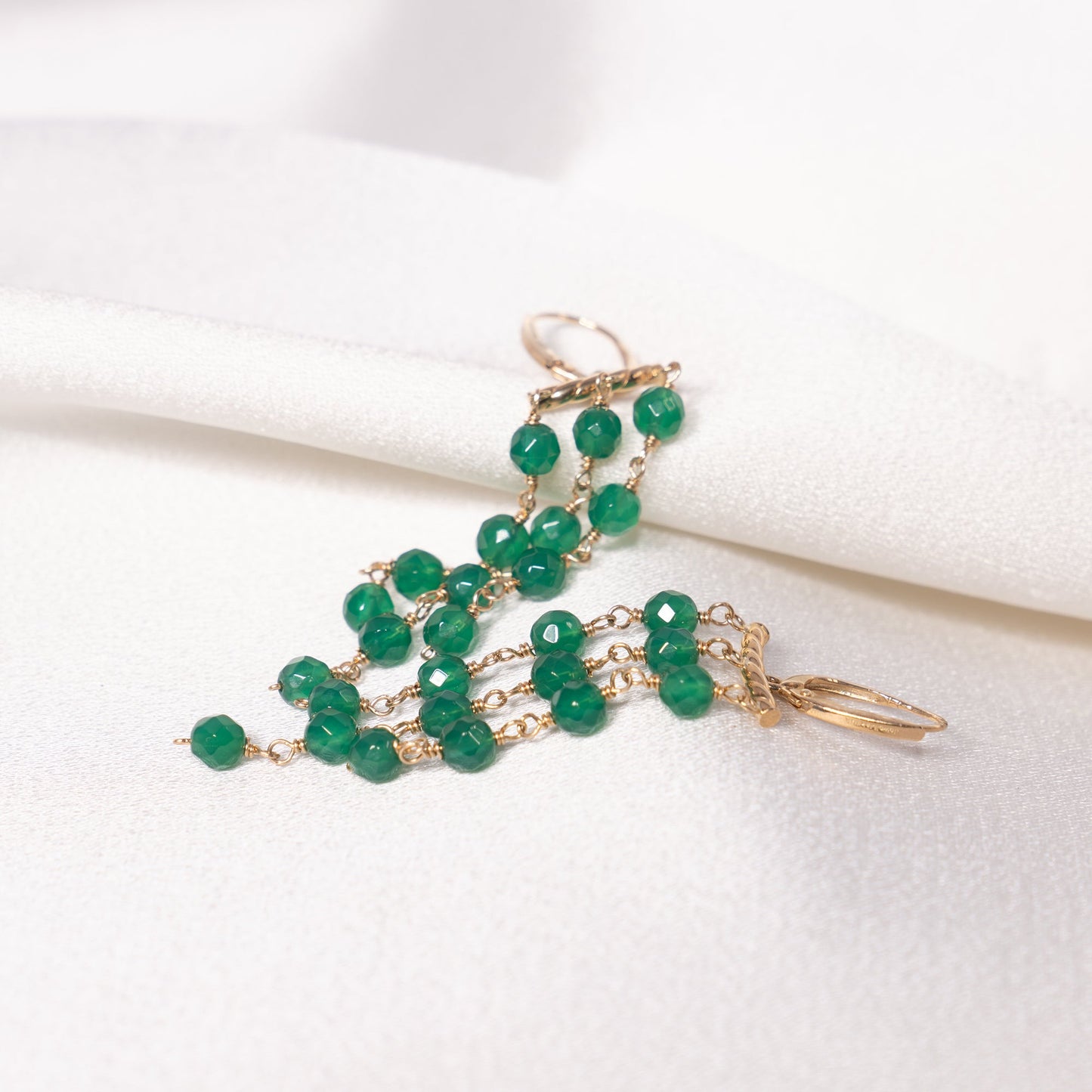 14k Green Onyx Triple-Row Chandelier Leverback Dangle Earring