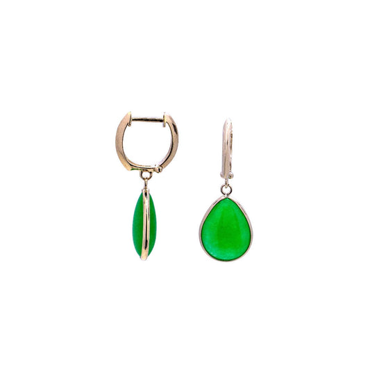 14k Green Jade Pear Shape Huggie Hoop Dangle Earring